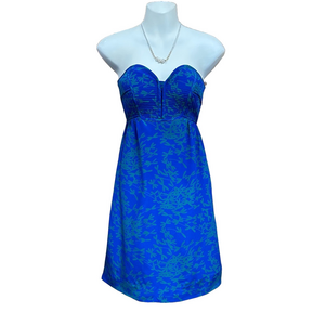 Maple Anthropologie indigo blue dragonfly print strapless silk mini dress Size 0